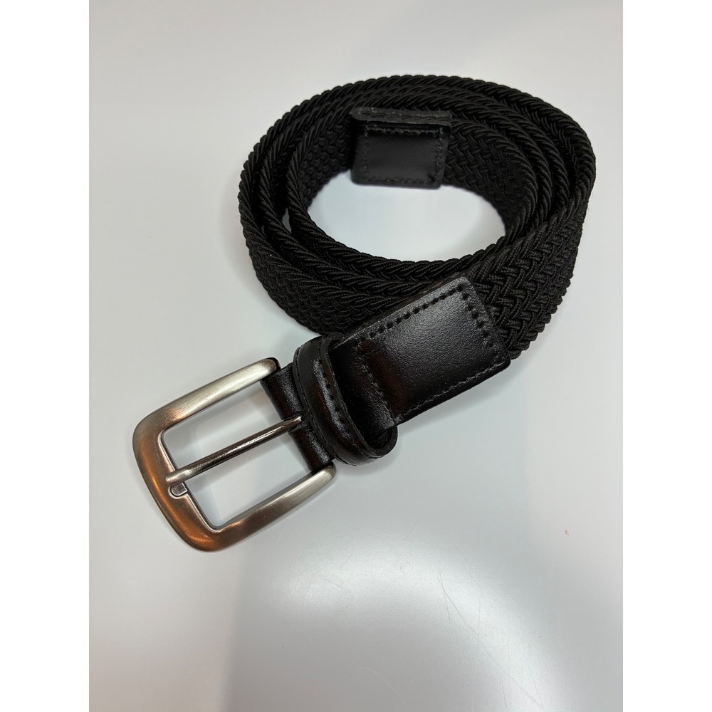 Mens Black Braided Elastic Stretch Belt Silver Buckle Leather Tabs Large 38-40